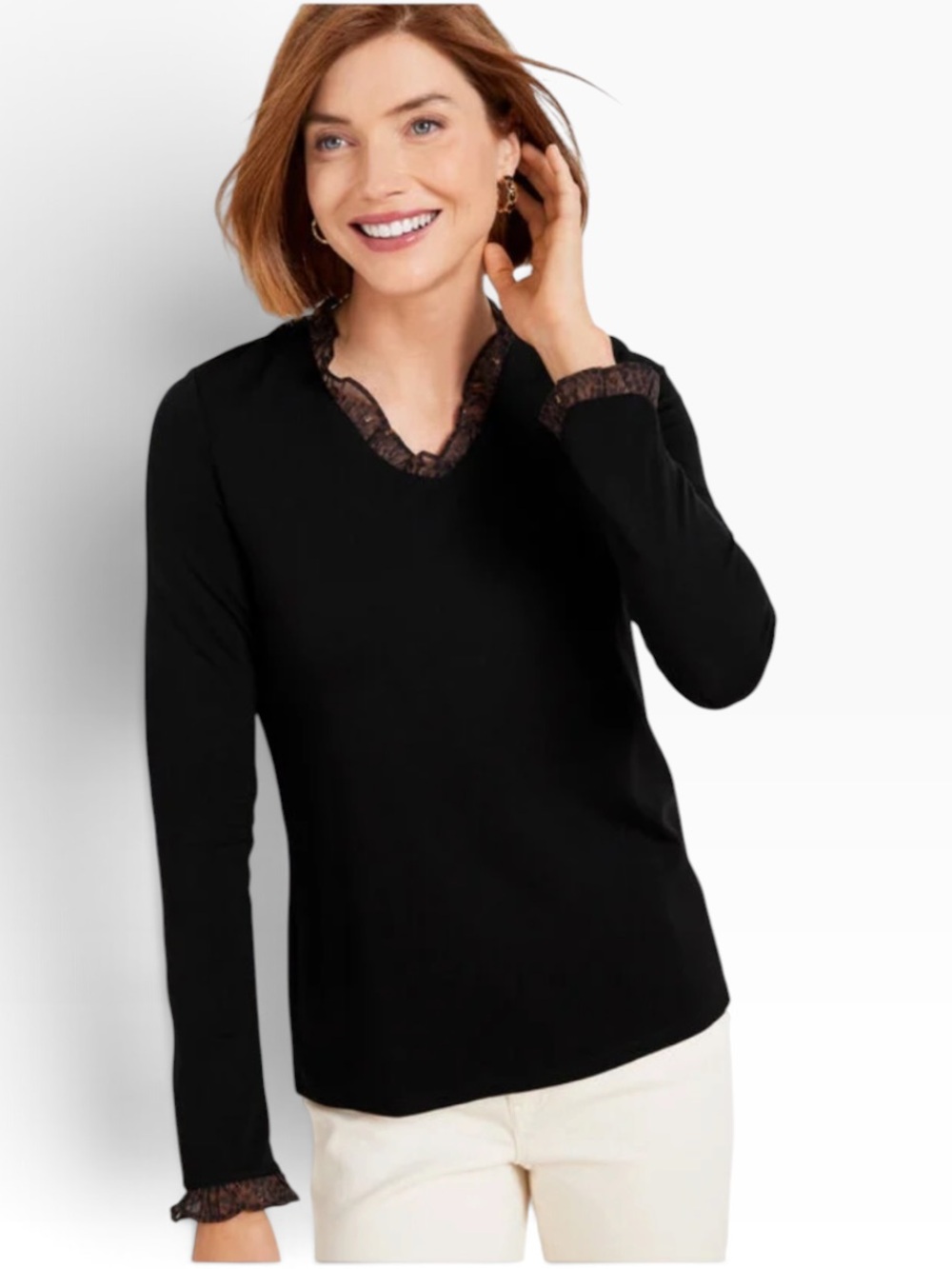 Talbots Ruffle V-Neck Long Sleeve Heavyweight Top Black Cheetah Size MP #2337